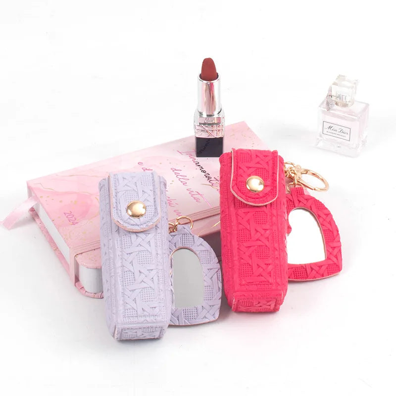 Zonyin New Arrive Pu Leather Small Makeup Mirror Mini Portable Leather Lipstick Holder Keychain for Women's Handbag Accessory