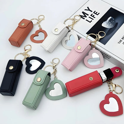 Zonyin High Quality Love Shape PU Leather Makeup Keychain Mirror Portable Heart Small Mirror and Lipstick Holder for Women Girls