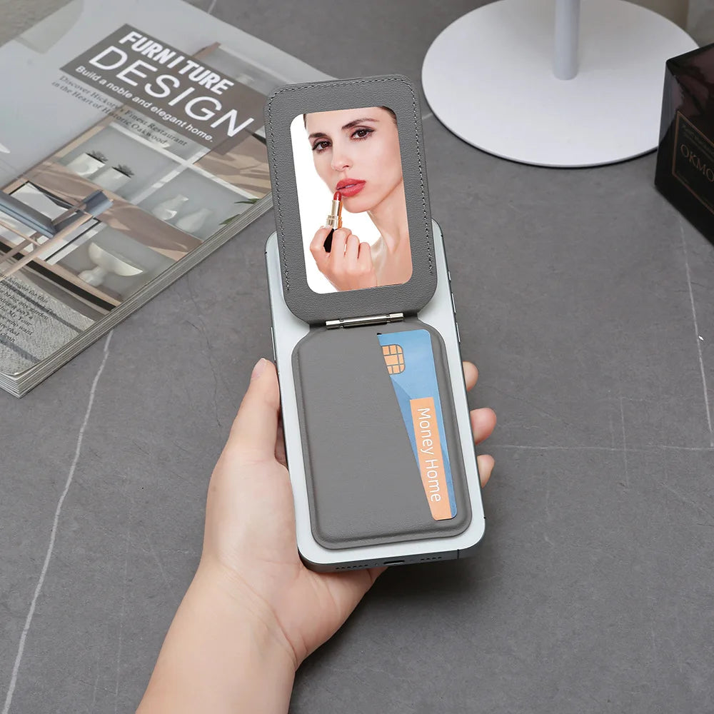 Zonyin Custom logo Magnetic MagSafe Makeup Mirror with Wallet for iPhone Foldable Mirror Card Holder Leather Pocket Mirror