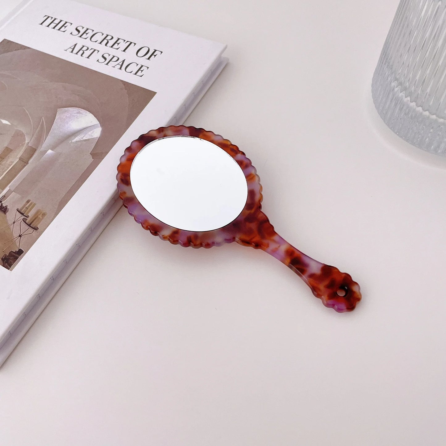 Zonyin Acetate Handheld Retro Oval Travel Mirror Mini Portable Makeup Mirror Daily Cosmetic Makeup Hand Mirror with Handle