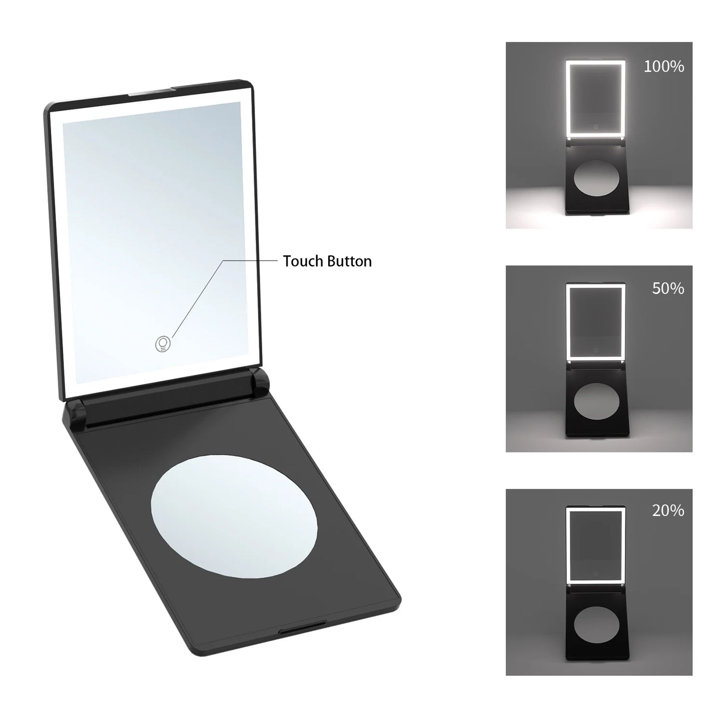 Zonyin New Rechargeable Folding Travel LED Compact Makeup Mirror With 3X Magnifying Portable Tabletop Cosmetic Mirror for Travel