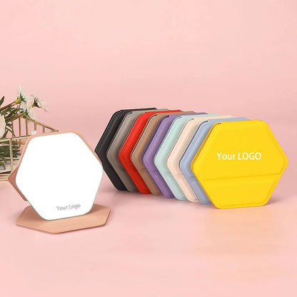 Zonyin New Hexagonal Shape Portable Desktop Small TravelMirror Custom Logo Folding PU Leather Pocket Standing Mirror for Women