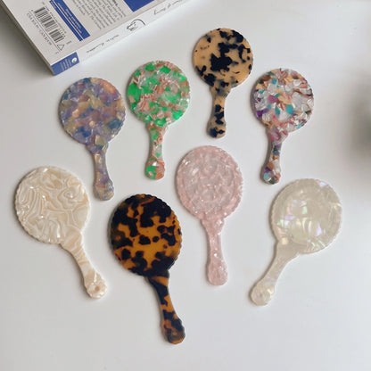 Wholesale Oval Handheld Pocket Mirror Floral White Acetate Portable Travel Makeup Mirror with Small Handle Zonyin