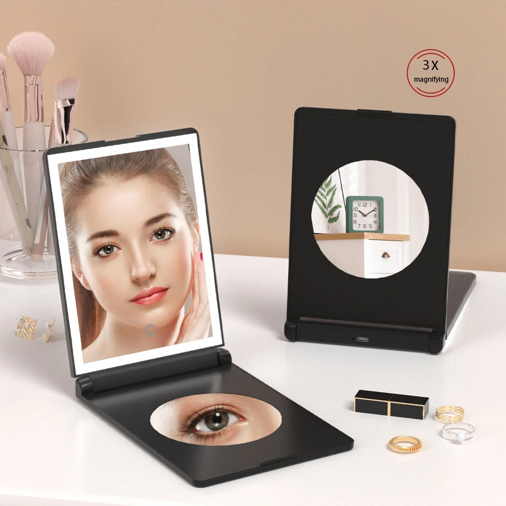 Zonyin New Rechargeable Folding Travel LED Compact Makeup Mirror With 3X Magnifying Portable Tabletop Cosmetic Mirror for Travel