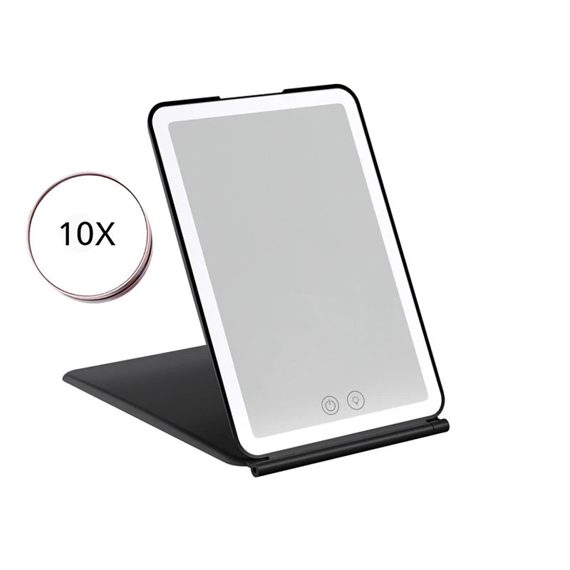 Zonyin High Quality Portable Travel Ladies 3X/10X Magnifying Makeup Mirror Rectangle Folding Cosmetic Mirror with LED Light