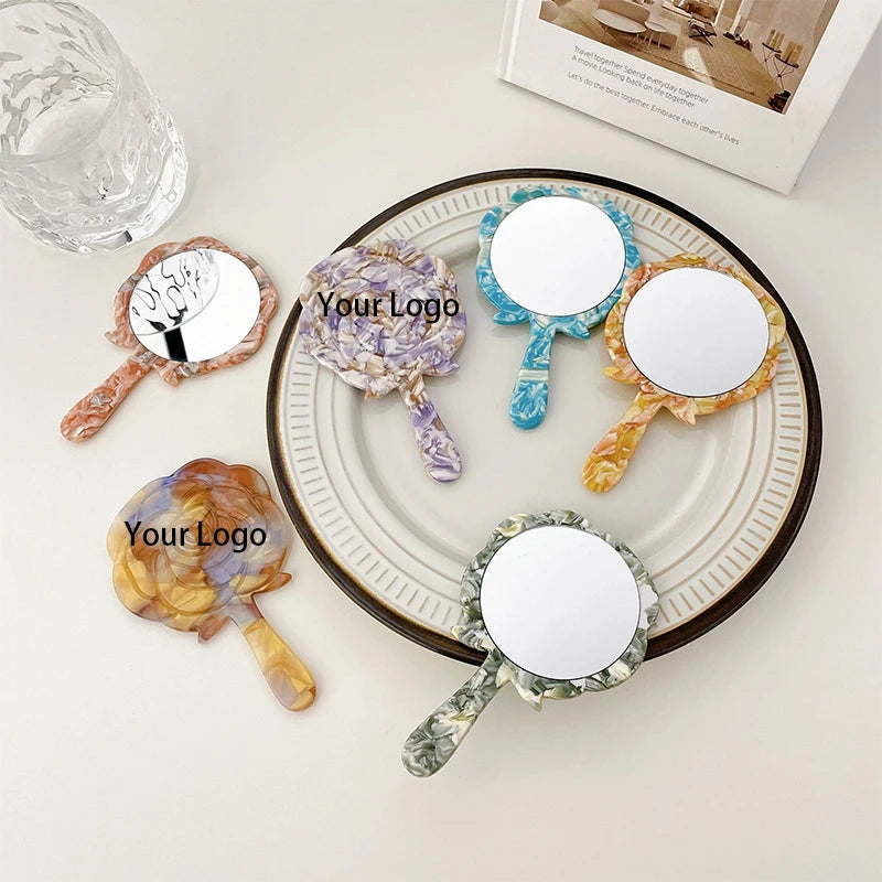 Zonyin Wholesale Rose Handheld Acetate Makeup Mirror Portable Compact Small Travel Mirror Acetate Beauty Salon Cosmetic Mirror