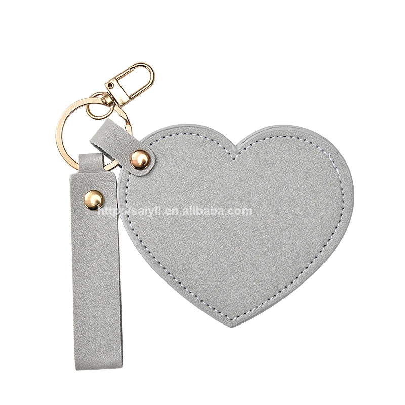 Zonyin Custom Logo Heart Shape Keychain Mirror with Pu Leather Case Portable Cute Small Compact Cosmetic Mirror for Travel