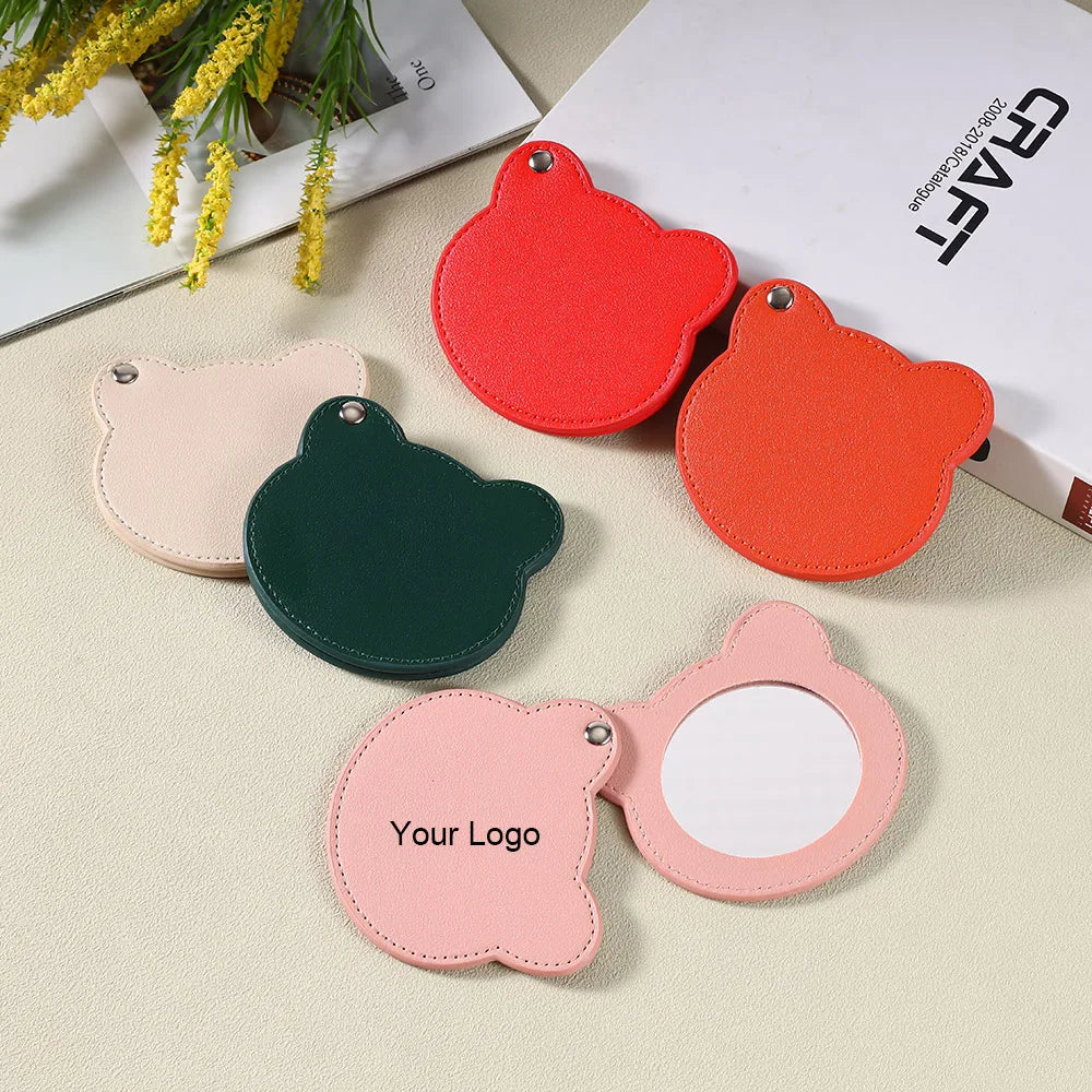 Zonyin Customized Personalized Logo Pu Leather Glass Mirror Lovely Black Bear Shaped Pocket Makeup Mirrors for Travel