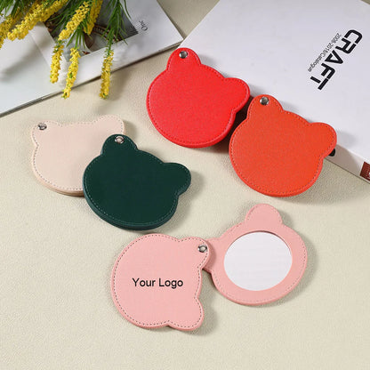Zonyin Customized Personalized Logo Pu Leather Glass Mirror Lovely Black Bear Shaped Pocket Makeup Mirrors for Travel