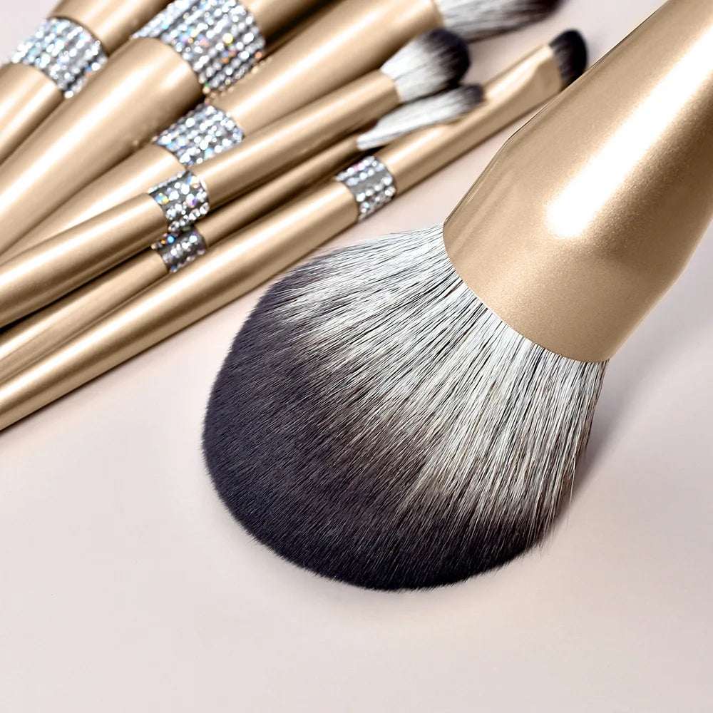 Zonyin Luxury 12Pcs Champagne Gold Soft Private Label Makeup Brushes Bling Glitter Diamond Makeup Brush Set With Rhinestone
