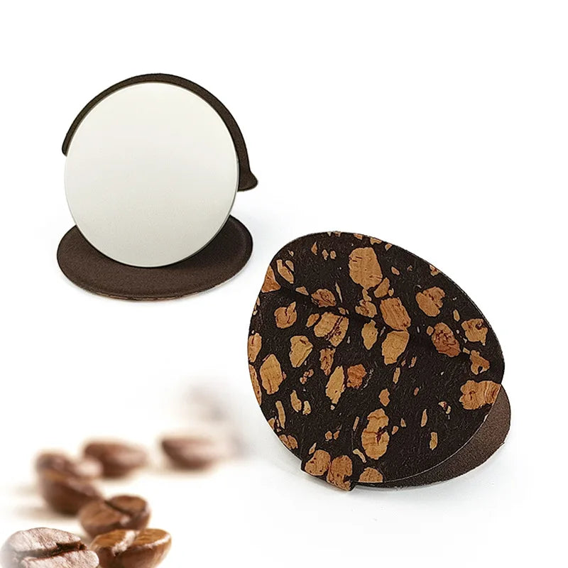 Zonyin Cork Coffee Grounds Foldable Travel Makeup Mirror Stainless Steel Compact Pocket Mirror With Coffee Flavor for Promotion