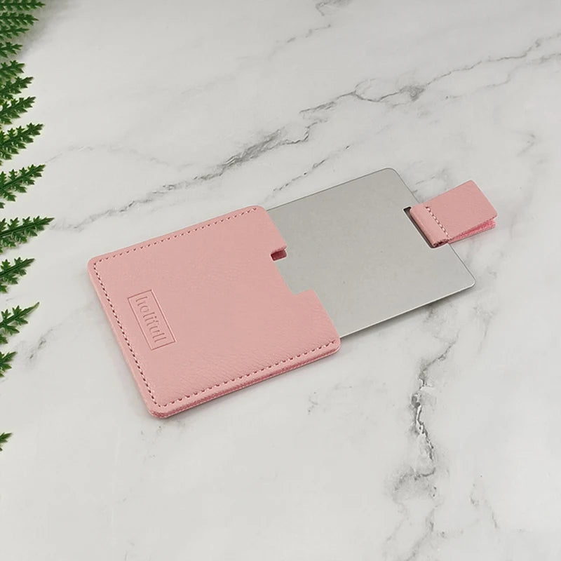 Zonyin High Quality Pink Square Shape Pocket Mirror Engraved Logo Small Pu Leather Metal Travel Cosmetic Makeup Mirror for Women
