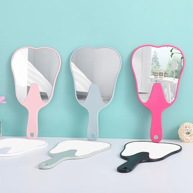 Zonyin Custom Logo Handheld Cosmetic Tooth-Shaped Mirror New Large Plastic Dental Pocket Mirror Personalized Handle Promotional
