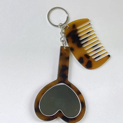 Zonyin 2in1Comb Mirror Set Multiple Colors Acetate Mini Heart Mirror Leopard Keychain Makeup Mirror Bag Pendant Accessories
