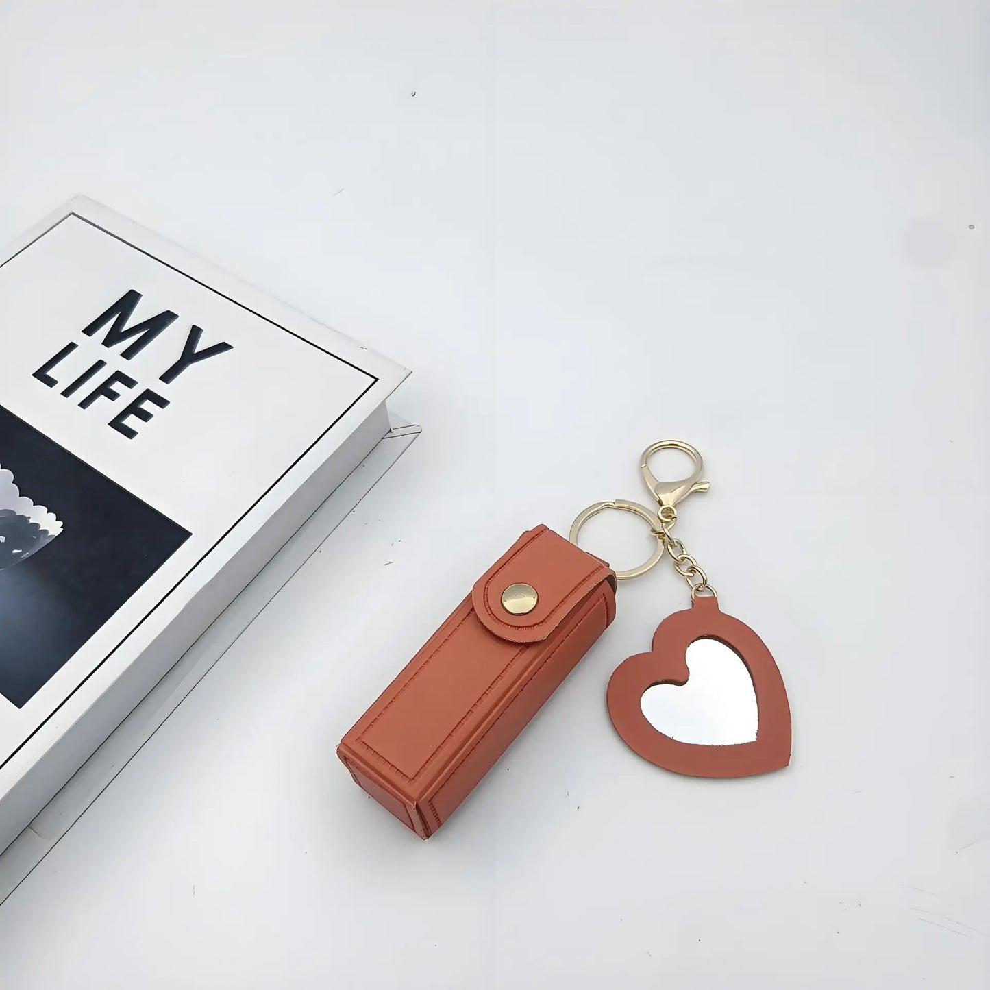 Zonyin High Quality Love Shape PU Leather Makeup Keychain Mirror Portable Heart Small Mirror and Lipstick Holder for Women Girls