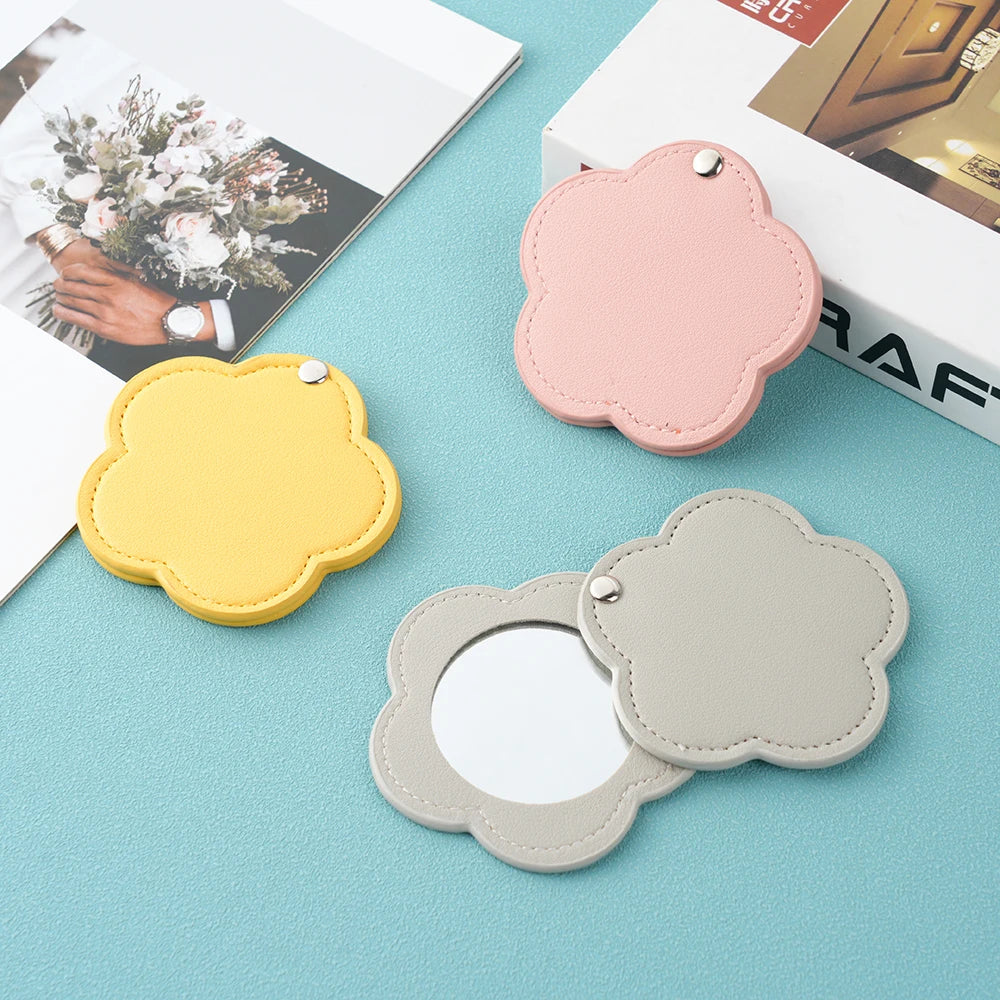 Zonyin New Arrival Flower Design White Pu Leather Makeup Mirror Customized Logo Portable Travel Pu Pocket Mirror for Women Girls