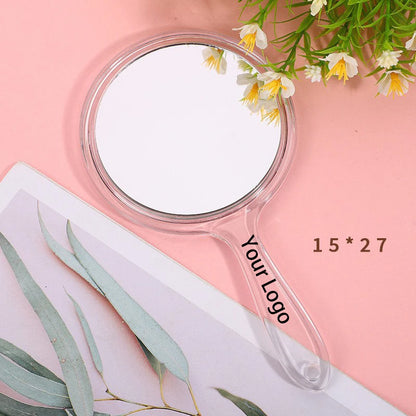 Zonyin Custom Plastic Round Transparent Handheld Double-Sided Makeup Mirror 1X 2X Magnifying Mirror Handle With Custom Logo