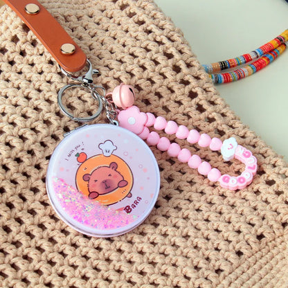 Zonyin Round Quicksand Folding Compact Mirror Portable Cute Capybara Hanging Rope Makeup Mirror Bag Pendant