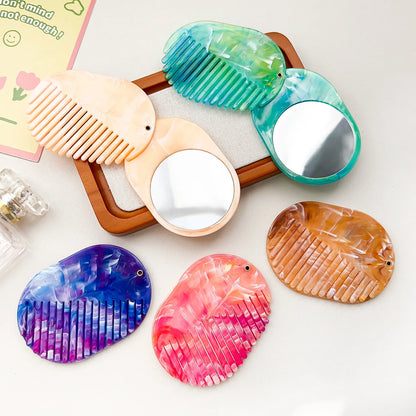 Zonyin Portable Oval Marble Makeup Mirror with Comb Foldable Rotating Cosmetic Pocket Mirror Hairbrush Combo Travel Mini Purse
