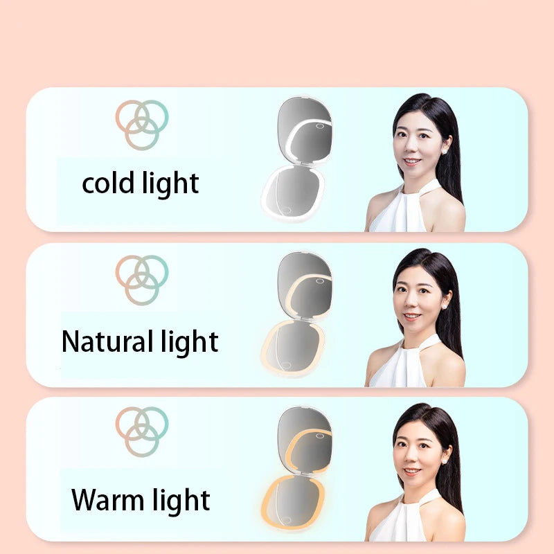 Zonyin LED Rechargeable Double-Sided Travel Cosmetic Mirror 3X Magnifying 3 Color Lighting Foldable Pocket Mirror With Lighted