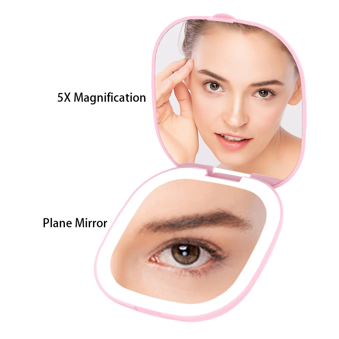 Zonyin Custom Square Dual-Sided LED Pocket Compact Mirror With 1X/5X Magnification Portable Travel Makeup Mirror with LED Lights