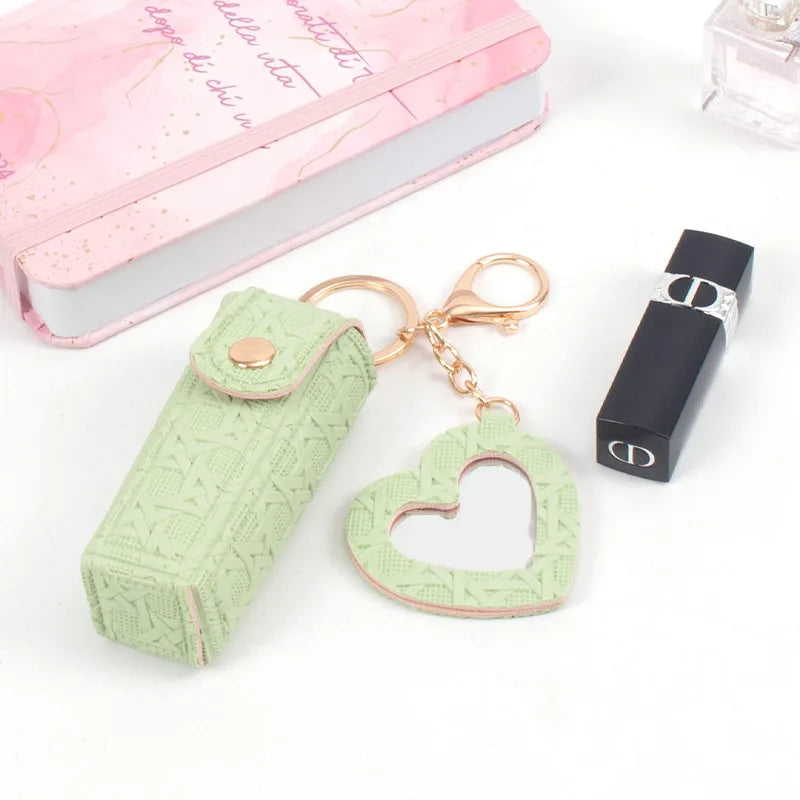 Zonyin New Arrive Pu Leather Small Makeup Mirror Mini Portable Leather Lipstick Holder Keychain for Women's Handbag Accessory