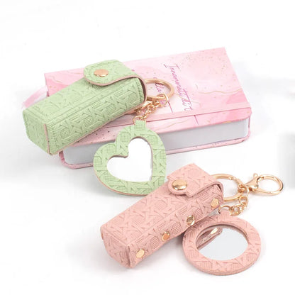 Zonyin New Arrive Pu Leather Small Makeup Mirror Mini Portable Leather Lipstick Holder Keychain for Women's Handbag Accessory