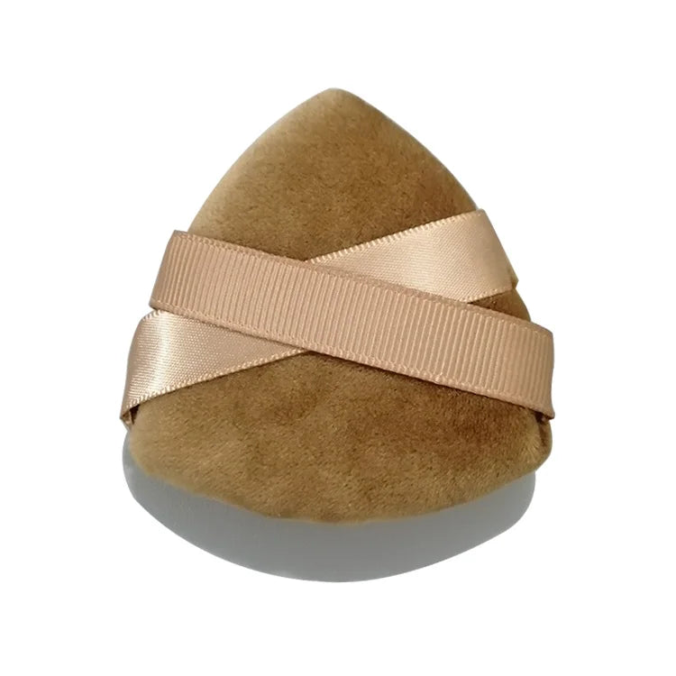 Zonyin Hot Selling Two Ribbons Face Powder Makeup Puff Brown Velour Soft Triangle Powder Puffs for Loose Powder