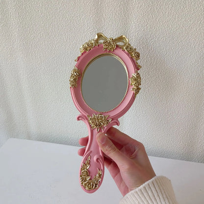 Zonyin European Style Vintage Resin Handheld Makeup Mirror Oval Shaped Rose Flower Carved Cosmetic Mirror for Women Lady Wedding