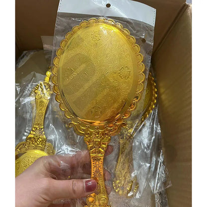 Zonyin High Quality Gold Oval Handheld Makeup Mirror Custom Logo Vanity Retro Hand Held Cosmetic Mirror for Women Girls Gift
