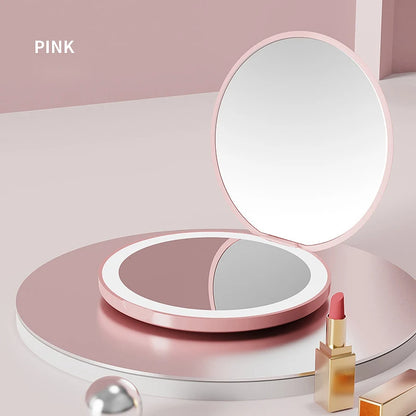 Zonyin Round 2X Magnifying LED Foldable Cosmetic Mirror Double Sided Lights Portable Compact Pocket Mirror with Custom logo