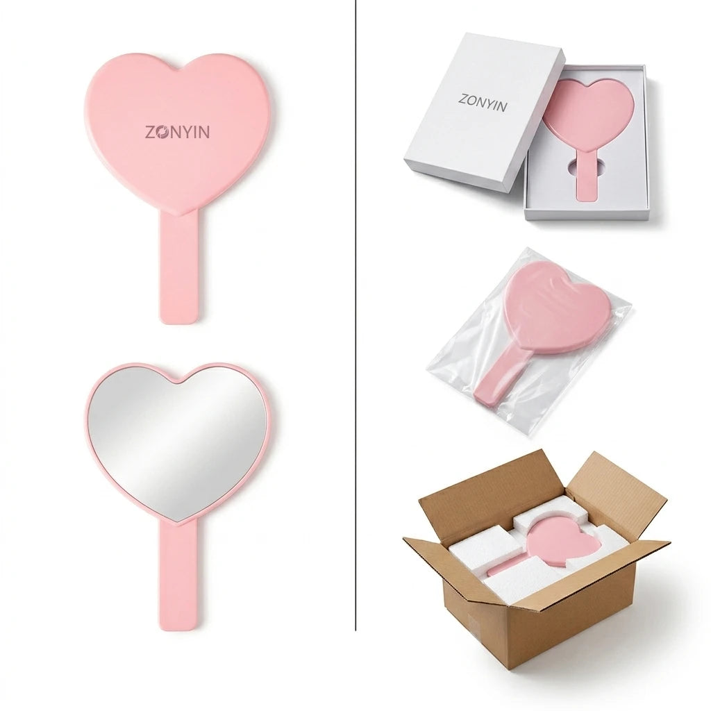 Zonyin Heart Shape Hand Cosmetic Mirror Custom logo Plastic Portable Handheld Makeup Mirror Promotional Business Gift
