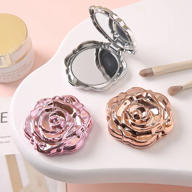 Zonyin Wholesale Portable Flower-Shaped Small Travel Makeup Mirror Folding Plastic Rose Compact Mini Cosmetic Mirror for Girls