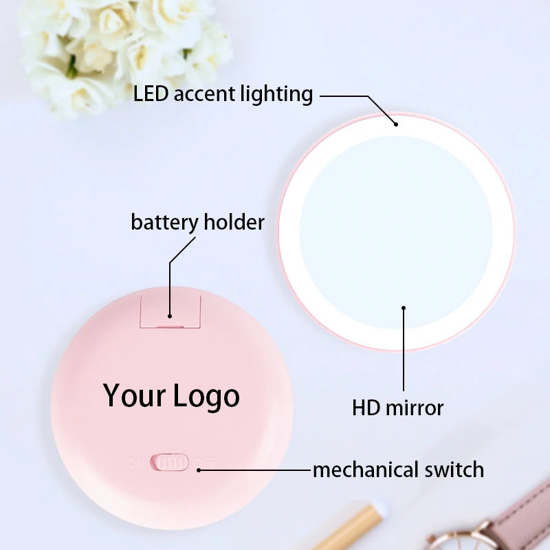 Zonyin Handed Mirror Personalized Single Side Pocket Makeup Mirror with LED Light ABS Plastic Design Compact Customized Logo