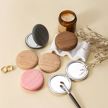 Zonyin Wood Grain PU Leather Makeup Mirror Portable Double Sided Folding Pocket Mirror Cute Compact Cosmetic Mirror for Gift