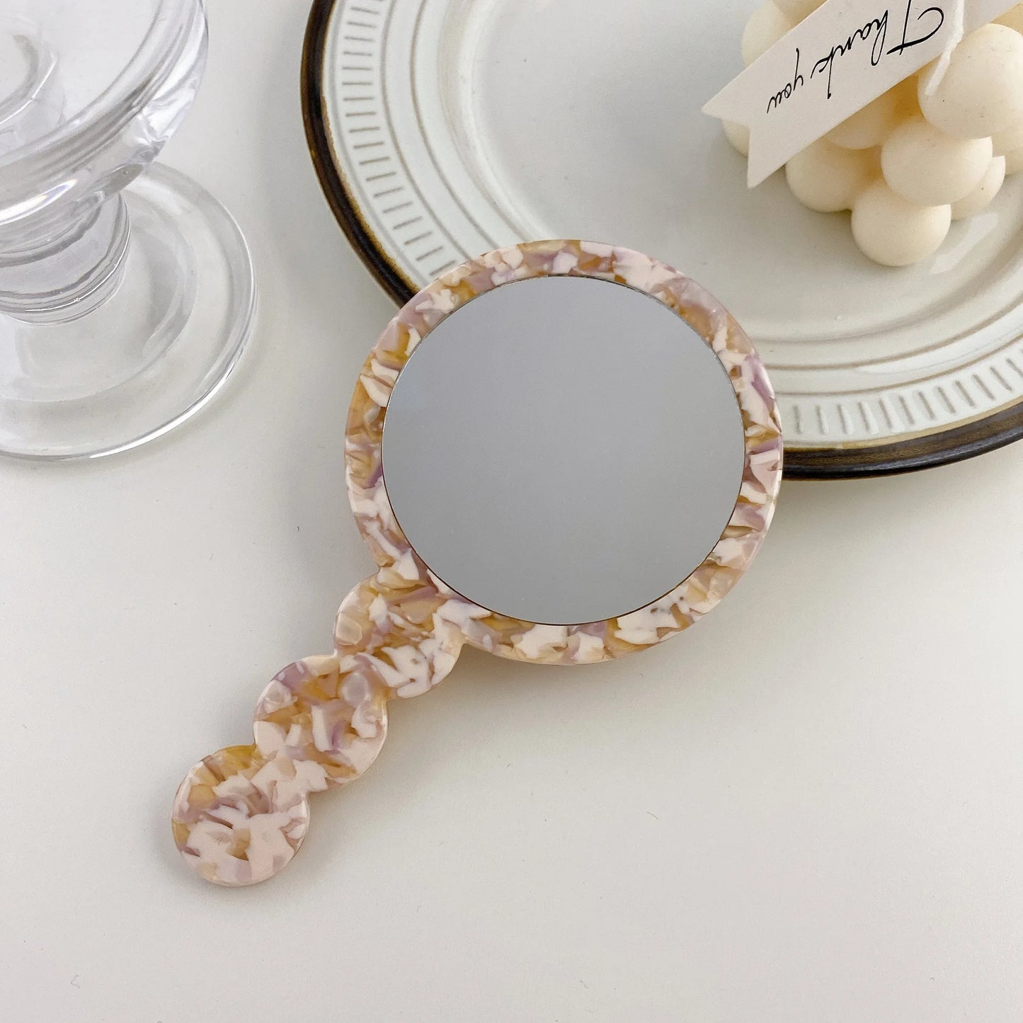 Zonyin High Quality Round Simple Design Acetate Travel HandHeld Makeup Mirror Portable Hand Held Pocket Handle Make-up Mirror