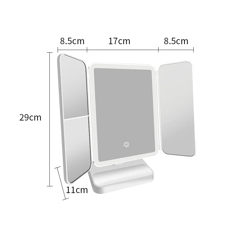 Zonyin Rechargeable Plastic Led Light Compact 3 Fold Desktop Cosmetic Mirror 3x Magnifying Portable Travel Makeup Mirror