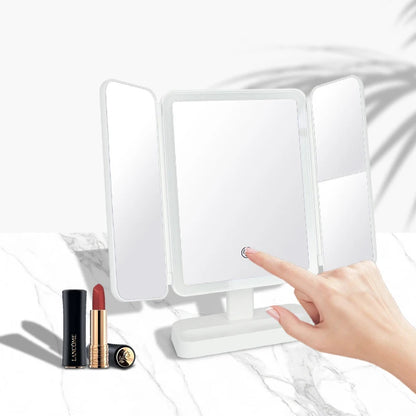 Zonyin Rechargeable Plastic Led Light Compact 3 Fold Desktop Cosmetic Mirror 3x Magnifying Portable Travel Makeup Mirror