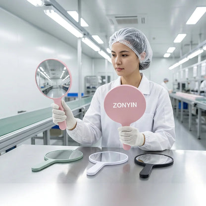Zonyin Personalized Custom Logo Plastic Round Handle Makeup Mirror Portable Travel HandHeld Mirrors With Custom Size Color