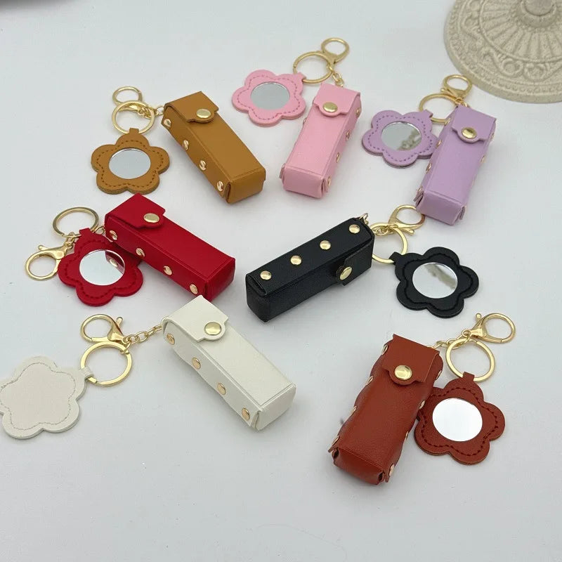 Zonyin PU Leather Flower Shaped Portable Mini Makeup Mirror With Lipstick Holder for Women Cosmetic Mirror Keychain  Accessories