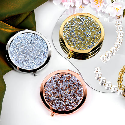 Zonyin Rhinestone Folding Makeup Mirror Crystal Double Sided Pocket Mirror Portable Round Compact Cosmetic Mirror for Wedding