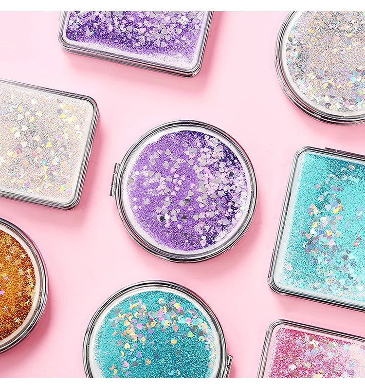 Zonyin Custom Logo Cute Portable Mini Pocket Makeup Compact Handheld Foldable Travel Mirror Double Sparkling Quicksand Small
