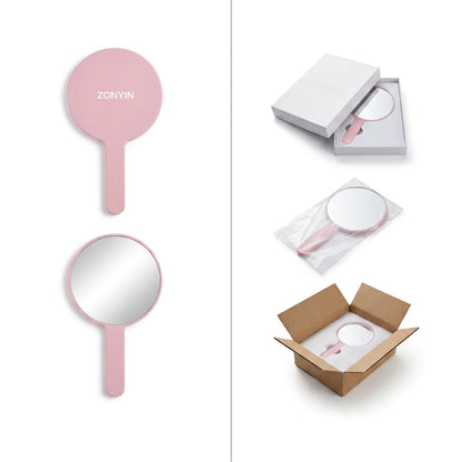 Zonyin Personalized Custom Logo Plastic Round Handle Makeup Mirror Portable Travel HandHeld Mirrors With Custom Size Color