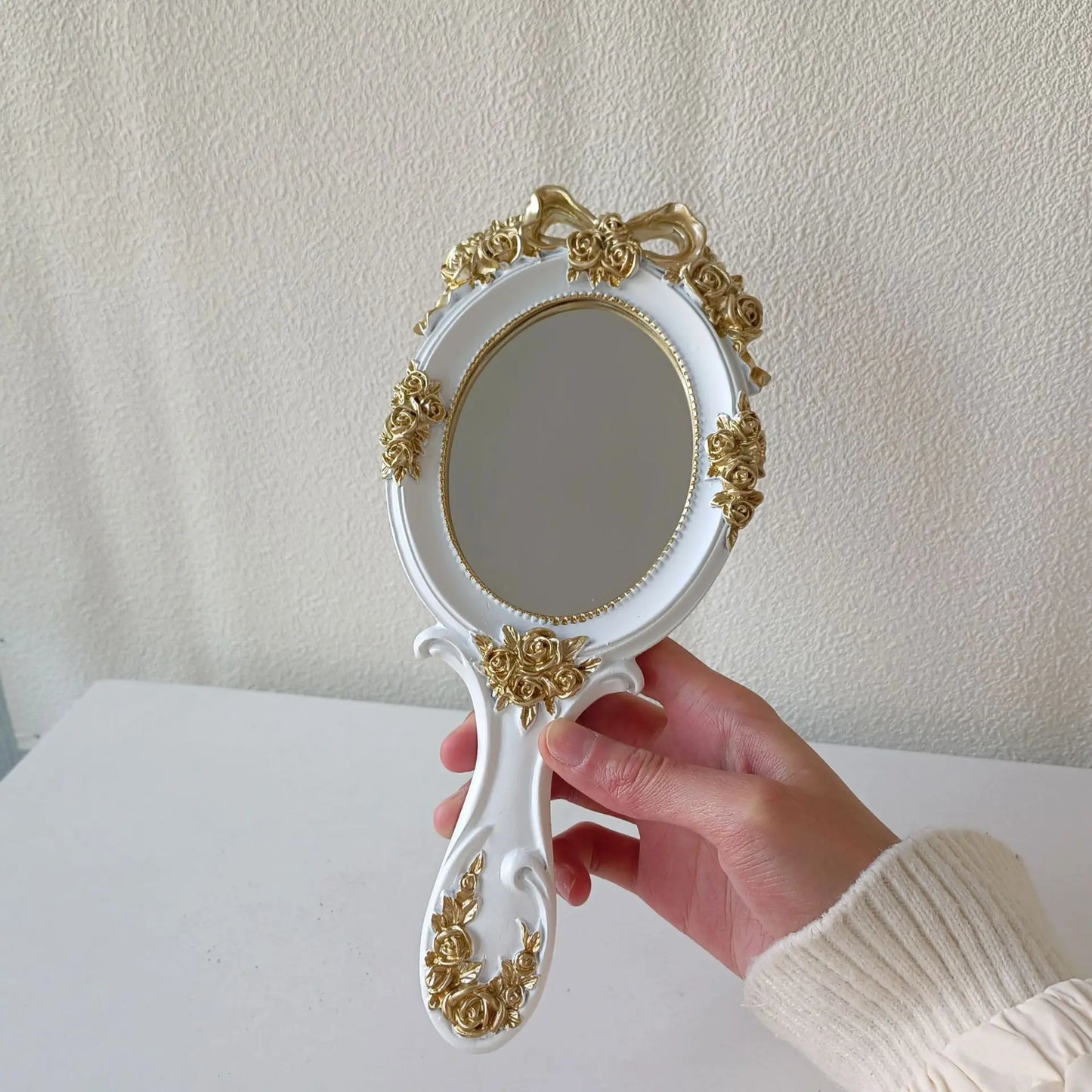 Zonyin European Style Vintage Resin Handheld Makeup Mirror Oval Shaped Rose Flower Carved Cosmetic Mirror for Women Lady Wedding