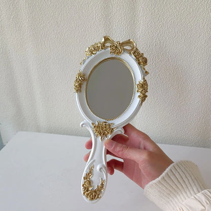 Zonyin European Style Vintage Resin Handheld Makeup Mirror Oval Shaped Rose Flower Carved Cosmetic Mirror for Women Lady Wedding