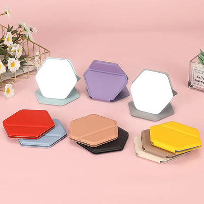 Zonyin New Hexagonal Shape Portable Desktop Small TravelMirror Custom Logo Folding PU Leather Pocket Standing Mirror for Women