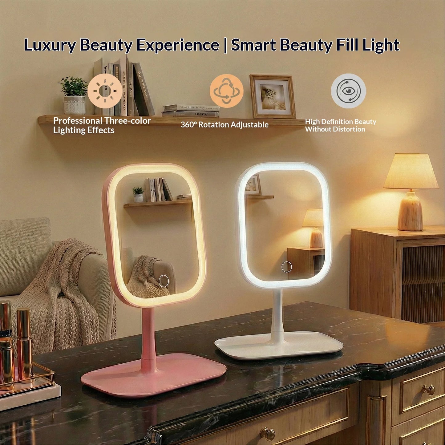 Zonyin LED Makeup Mirror with Light Touch Control Rechargeable Cosmetic Mirror Portable ABS Desktop Mirror for Travel and Home