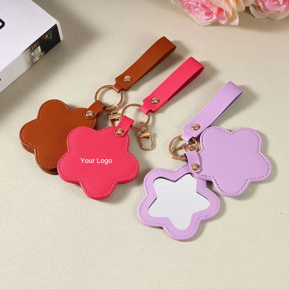 Zonyin NEW ARRIVAL Cute Yellow Star Small Makeup Mirror Customized Logo Pu Leather Pocket Cosmetic Keychain Mirror for Kids