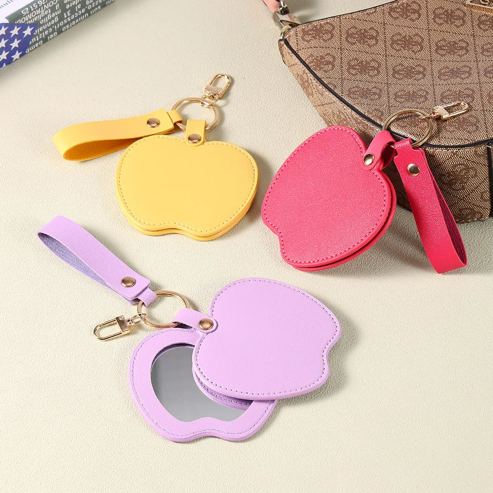Zonyin Unique Christmas Gifts Red Apple-Shaped Pocket Mirror Foldable Pink Pu Leather Small Makeup Keychain Mirror for Women