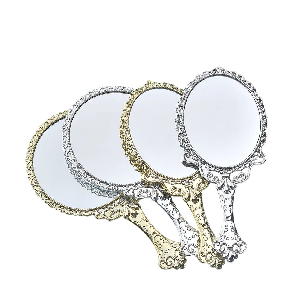 Zonyin Hot Sale Luxury Round Vintage Hand Travel Makeup Mirror Oval Plastic Electroplated Gold Retro Handheld Mirror With Handle